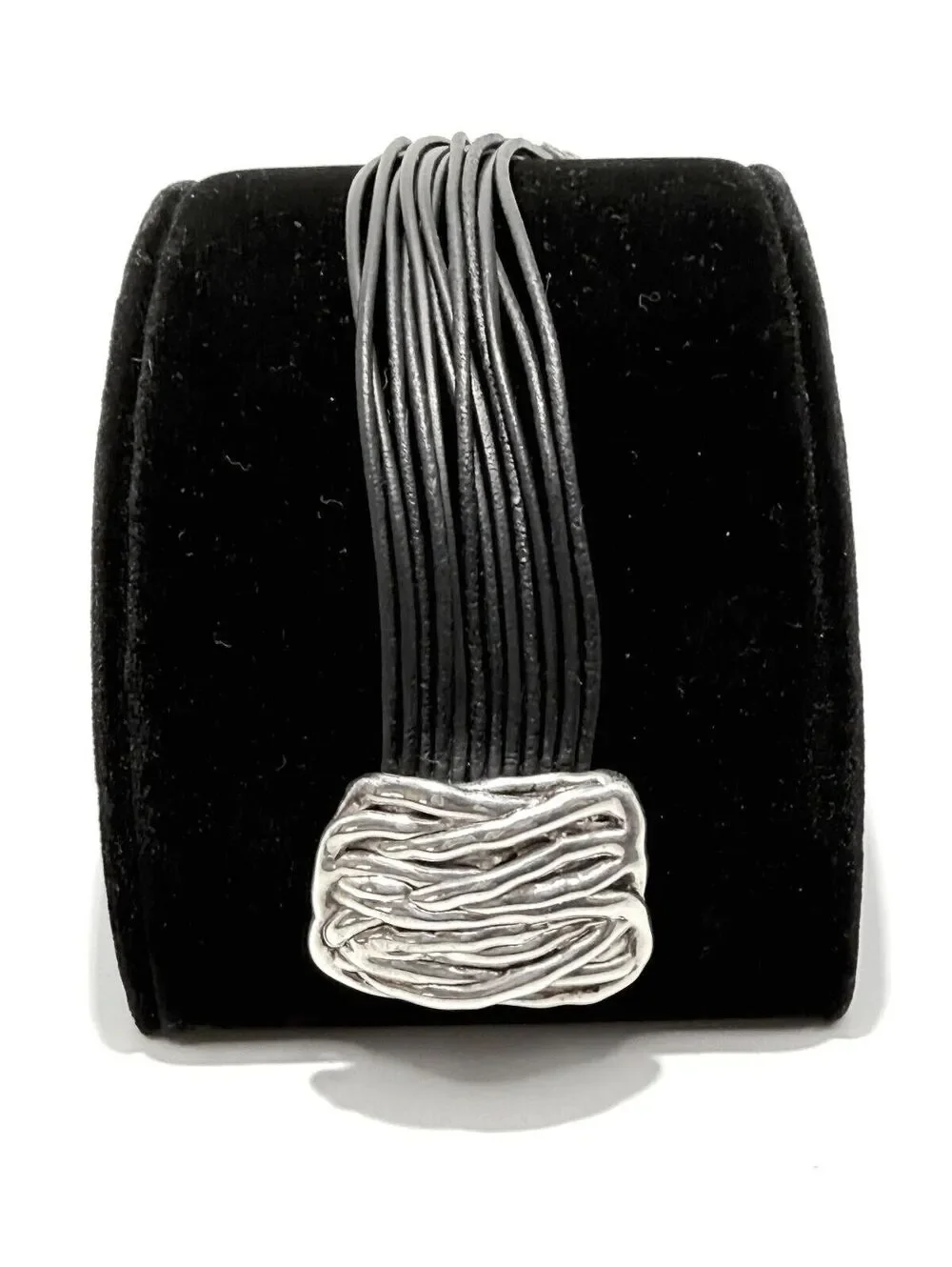Sterling Silver 925 Multi-Strand Black Leather Cuff with Magnetic Clasp, Israel